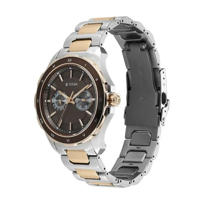 Titan Regalia Opulent Two-Eye Multifunction Brown Panda Dial Rose Gold And Steel Bimetal Strap Watch For Men 1688km10