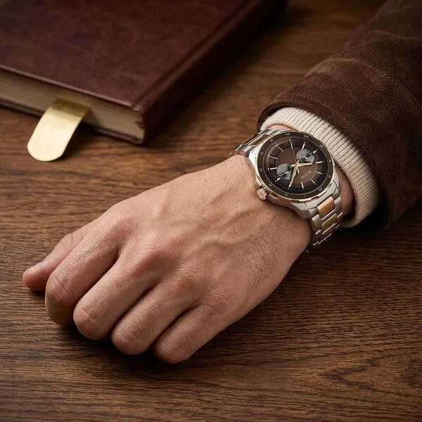 Titan Regalia Opulent Two-Eye Multifunction Brown Panda Dial Rose Gold And Steel Bimetal Strap Watch For Men 1688km10