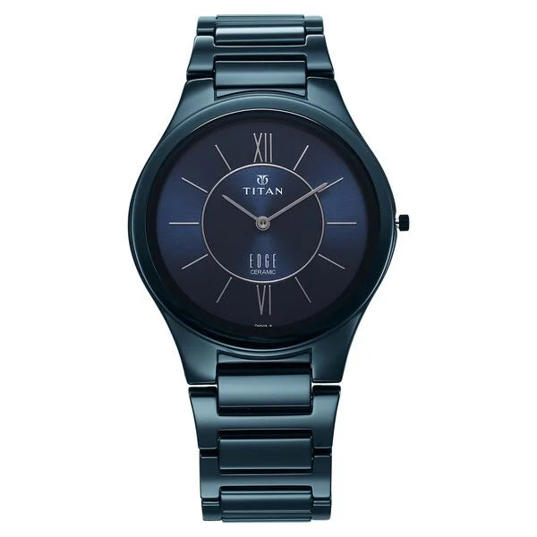 Titan Edge Ceramic Quartz in Glossy Electric Blue Dial Watch for Men - NT1696QC03