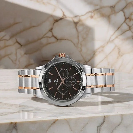 Titan Workwear Quartz Multifunction Brown Dial Stainless Steel Strap watch for Men nu1698km01
