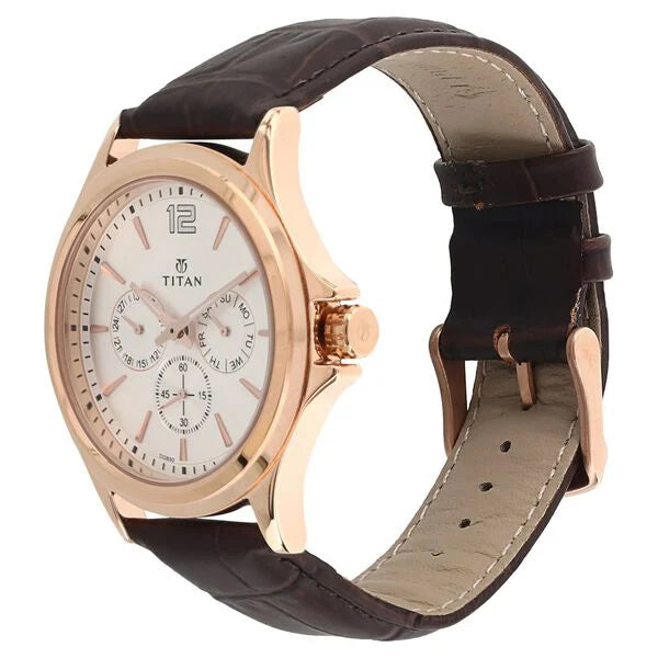 Titan Quartz Multifunction White Dial Leather Strap Watch for Men nu1698wl01