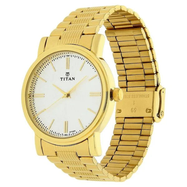 Titan Quartz Analog Silver Dial Golden Stainless Steel Strap Watch For Men np1712ym01