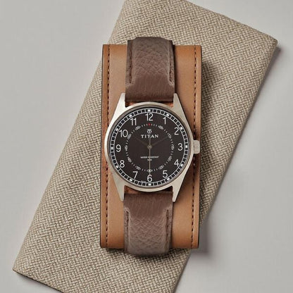 Titan Men's Timeless Charm: Men's Analog Watch with Black Dial and Brown Leather Strap nl1729sl02