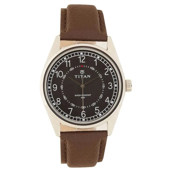 Titan Men's Timeless Charm: Men's Analog Watch with Black Dial and Brown Leather Strap nl1729sl02