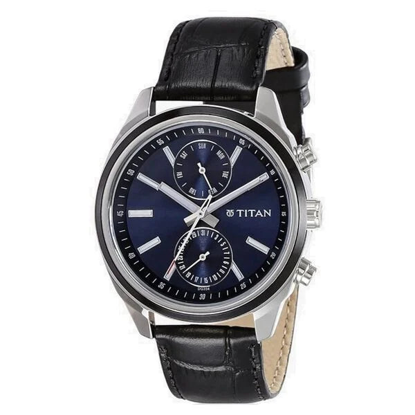 Titan Men's Midnight Precision: Multifunction Blue Dial with Classic Leather Strap Watch nu1733kl01