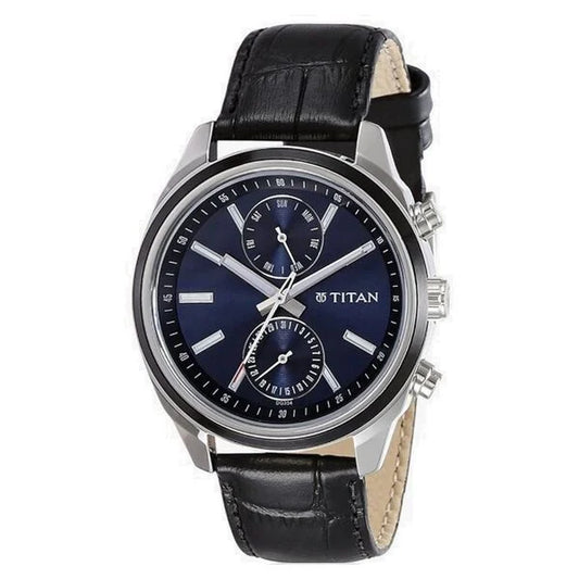 Titan Men's Midnight Precision: Multifunction Blue Dial with Classic Leather Strap Watch nu1733kl01