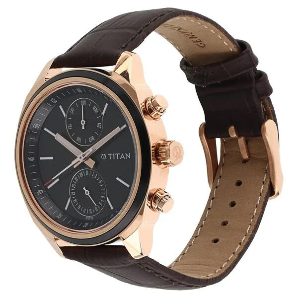 Titan Quartz Multifunction Black Dial Leather Strap Watch for Men nu1733kl03