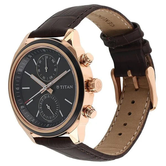 Titan Quartz Multifunction Black Dial Leather Strap Watch for Men nu1733kl03