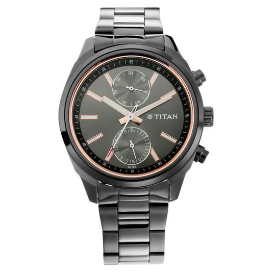 Titan Men's Metropolitan Luxe: Multifunction Mono black Dial with Two-Tone Stainless Steel Bracelet Watch nu1733nm01