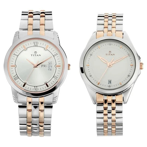 Titan Bandhan Quartz Analog with Day and Date Silver Dial Stainless Steel Strap Watch for Couple nu17742565km0