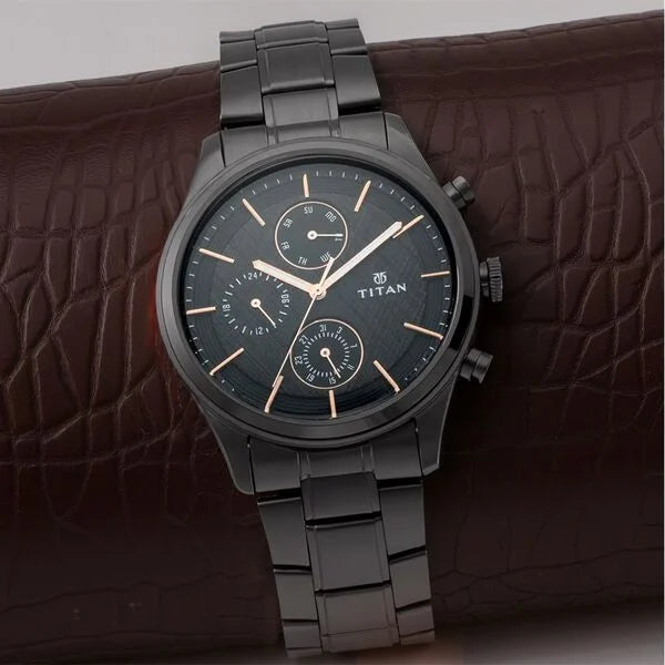 Titan Workwear Multifunction Black Round Dial Black Metal Strap Watch For Men nt1805nm01