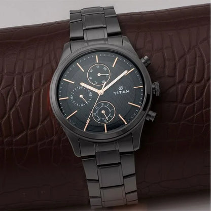 Titan Workwear Multifunction Black Round Dial Black Metal Strap Watch For Men nt1805nm01