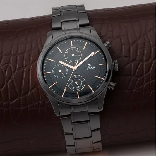 Titan Workwear Multifunction Black Round Dial Black Metal Strap Watch For Men nt1805nm01