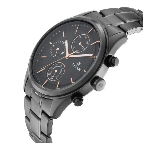 Titan Workwear Multifunction Black Round Dial Black Metal Strap Watch For Men nt1805nm01
