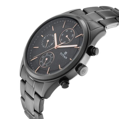 Titan Workwear Multifunction Black Round Dial Black Metal Strap Watch For Men nt1805nm01
