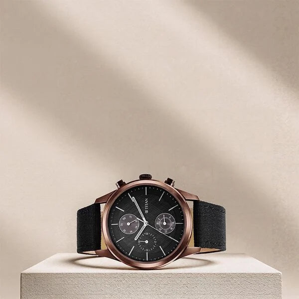 Titan Men's Infinity Chrono watch: Precise Blue Dial, Rose Gold Highlights, Durable Leather Strap nu1805qp01