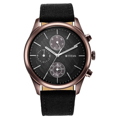 Titan Men's Infinity Chrono watch: Precise Blue Dial, Rose Gold Highlights, Durable Leather Strap nt1805qp01