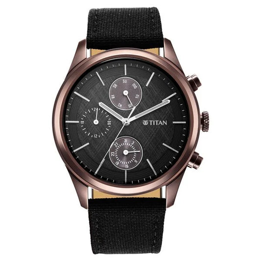 Titan Men's Infinity Chrono watch: Precise Blue Dial, Rose Gold Highlights, Durable Leather Strap nu1805qp01