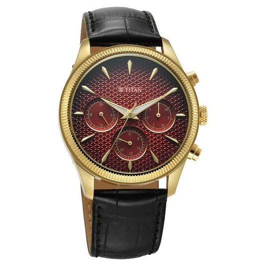 Titan Regalia Opulent Quartz Analog with Day and Date Red Dial Black Leather Strap Watch for Men nt1805yl01