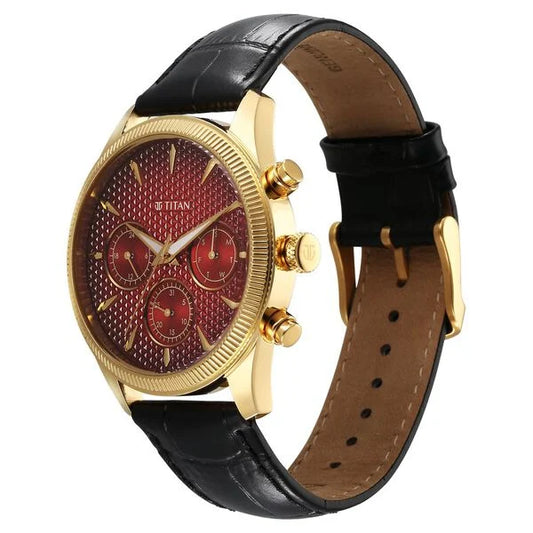 Titan Regalia Opulent Quartz Analog with Day and Date Red Dial Black Leather Strap Watch for Men nt1805yl01