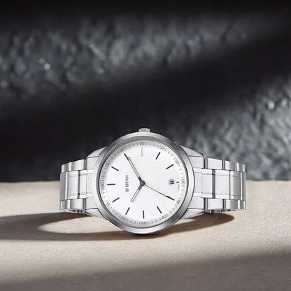 Titan Men's Timeless Style Watch: Refined White Dial and Metal Strap np1806sm03