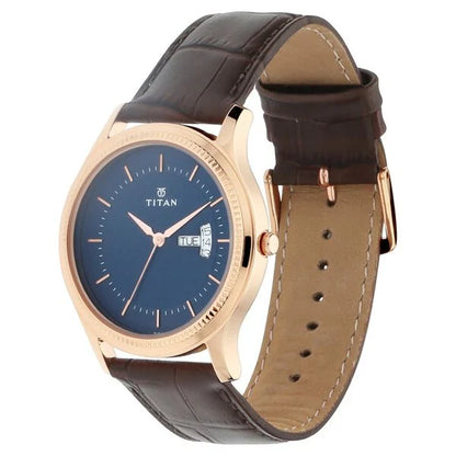 Titan Analog Blue Dial Day Date Leather Strap watch for Men nr1824wl01