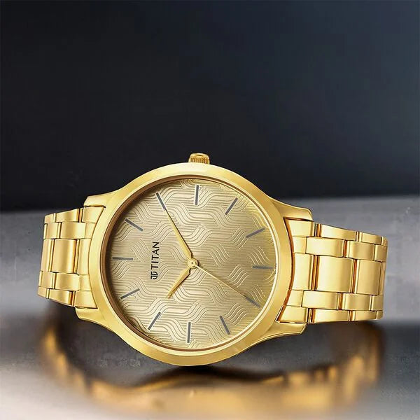 Titan Karishma Quartz Analog Champagne Round Dial Golden Stainless Steel Strap Watch For Men NU1825YM03