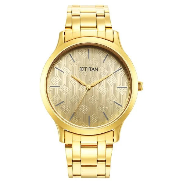 Titan Karishma Quartz Analog Champagne Round Dial Golden Stainless Steel Strap Watch For Men NU1825YM03