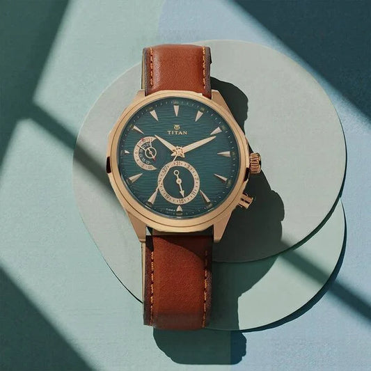 Titan Maritime Green Dial Quartz Multifunction Leather Strap watch for Men