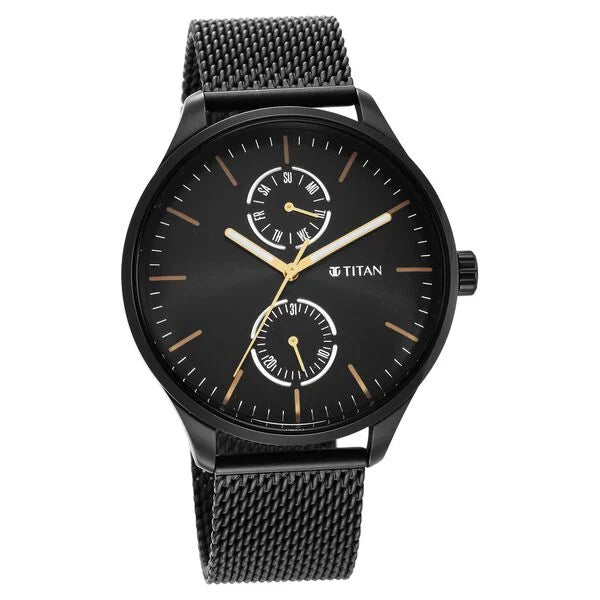 Titan Black and Gold Black Dial Analog with Day and Date Stainless Steel Strap Watch for Men ns1833nm01