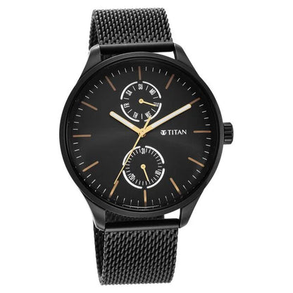 Titan Black and Gold Black Dial Analog with Day and Date Stainless Steel Strap Watch for Men ns1833nm01
