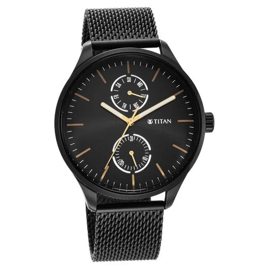 Titan Black and Gold Black Dial Analog with Day and Date Stainless Steel Strap Watch for Men ns1833nm01