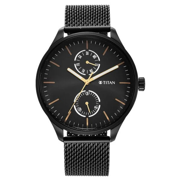 Titan Black and Gold Black Dial Analog with Day and Date Stainless Steel Strap Watch for Men ns1833nm01