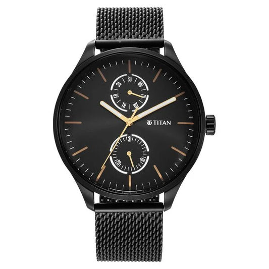Titan Black and Gold Black Dial Analog with Day and Date Stainless Steel Strap Watch for Men ns1833nm01