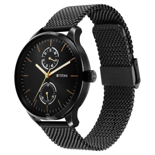 Titan Black and Gold Black Dial Analog with Day and Date Stainless Steel Strap Watch for Men ns1833nm01