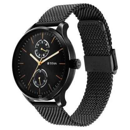 Titan Black and Gold Black Dial Analog with Day and Date Stainless Steel Strap Watch for Men ns1833nm01