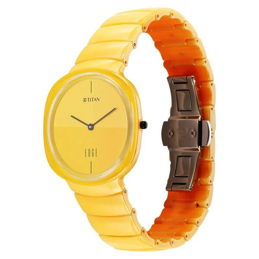Titan Edge Squircle Camo Quartz Analog Yellow Dial Yellow Ceramic Strap Watch For Unisex nt1841qc08