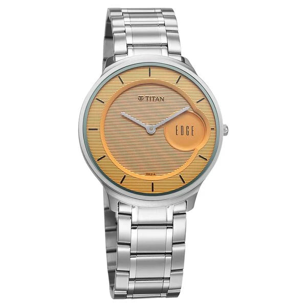 Titan Edge Murals Quartz Analog Yellow Dial Stainless Steel Strap Watch For Men