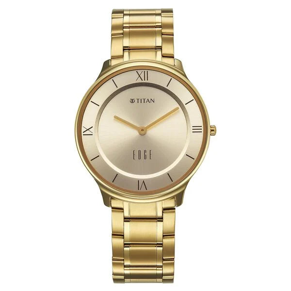 Titan Edge Gleam Quartz Analog Champagne Dial Golden Stainless Steel Strap Watch For Men nu1843ym03