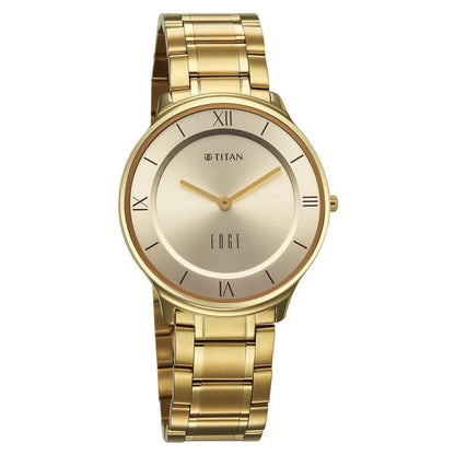 Titan Edge Gleam Quartz Analog Champagne Dial Golden Stainless Steel Strap Watch For Men nu1843ym03