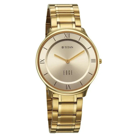 Titan Edge Gleam Quartz Analog Champagne Dial Golden Stainless Steel Strap Watch For Men nu1843ym03