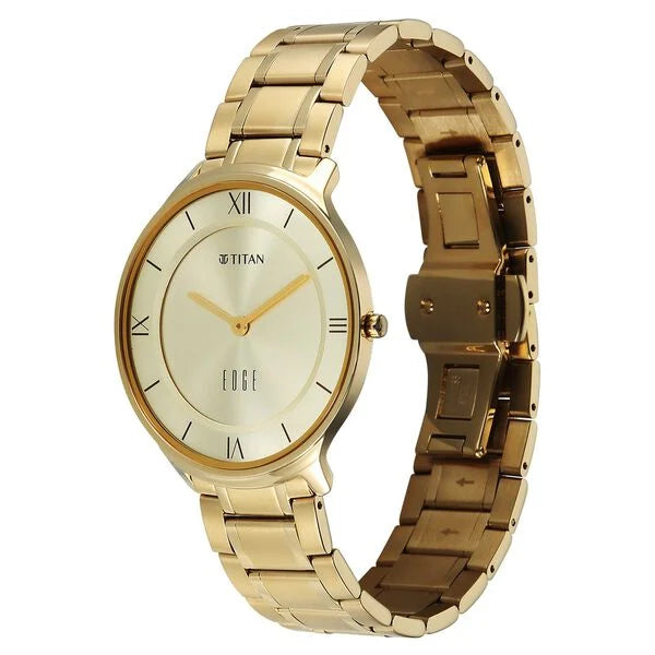 Titan Edge Gleam Quartz Analog Champagne Dial Golden Stainless Steel Strap Watch For Men nu1843ym03