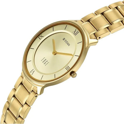 Titan Edge Gleam Quartz Analog Champagne Dial Golden Stainless Steel Strap Watch For Men nu1843ym03