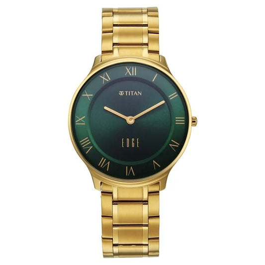 Titan Edge Gleam Quartz Analog Green Dial Golden Stainless Steel Strap Watch For Men nu1843ym05