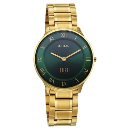 Titan Edge Gleam Quartz Analog Green Dial Golden Stainless Steel Strap Watch For Men nu1843ym05