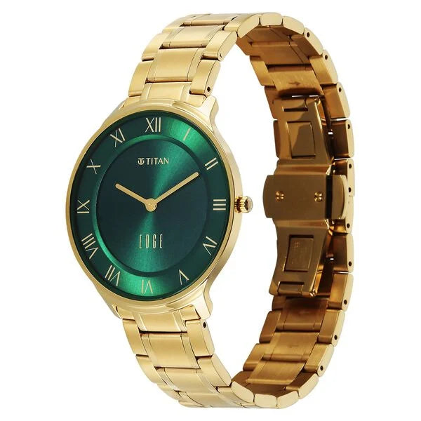 Titan Edge Gleam Quartz Analog Green Dial Golden Stainless Steel Strap Watch For Men nu1843ym05