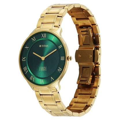 Titan Edge Gleam Quartz Analog Green Dial Golden Stainless Steel Strap Watch For Men nu1843ym05