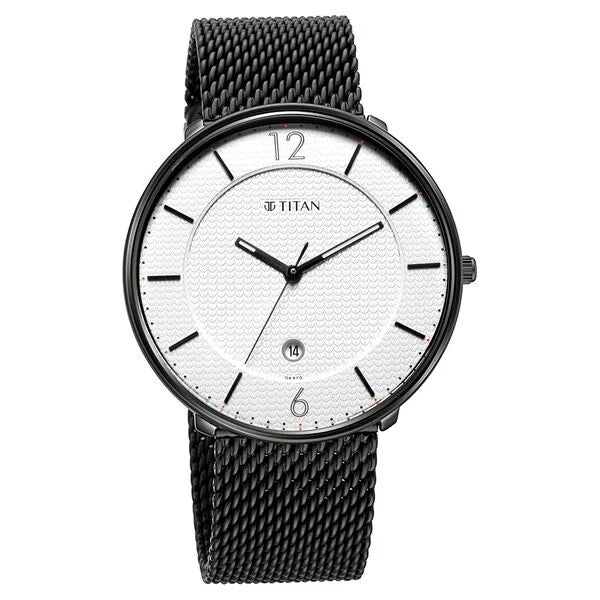 Titan Minimals White Analog with Date Stainless Steel Strap watch for Men nu1849nm01
