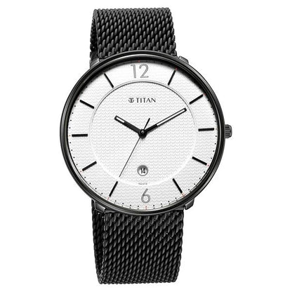 Titan Minimals White Analog with Date Stainless Steel Strap watch for Men nu1849nm01