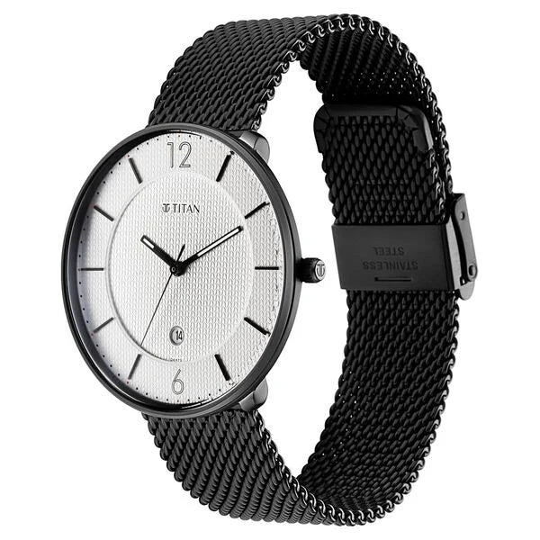 Titan Minimals White Analog with Date Stainless Steel Strap watch for Men nu1849nm01